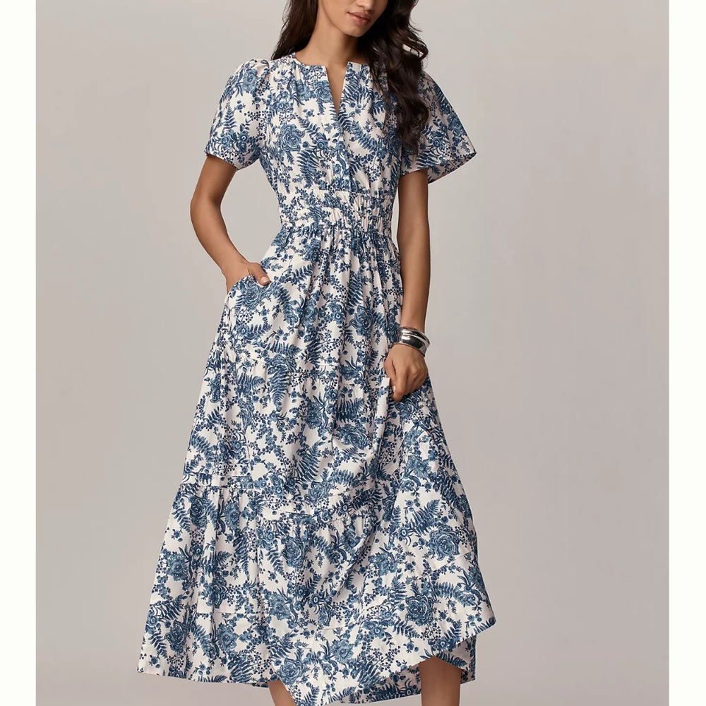 Maeve Blue and White Floral Midi Dress